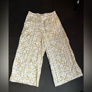 JOIE 100% LINEN Wide Leg Elastic Waist Floral Pants Large Yellow mosaic culottes